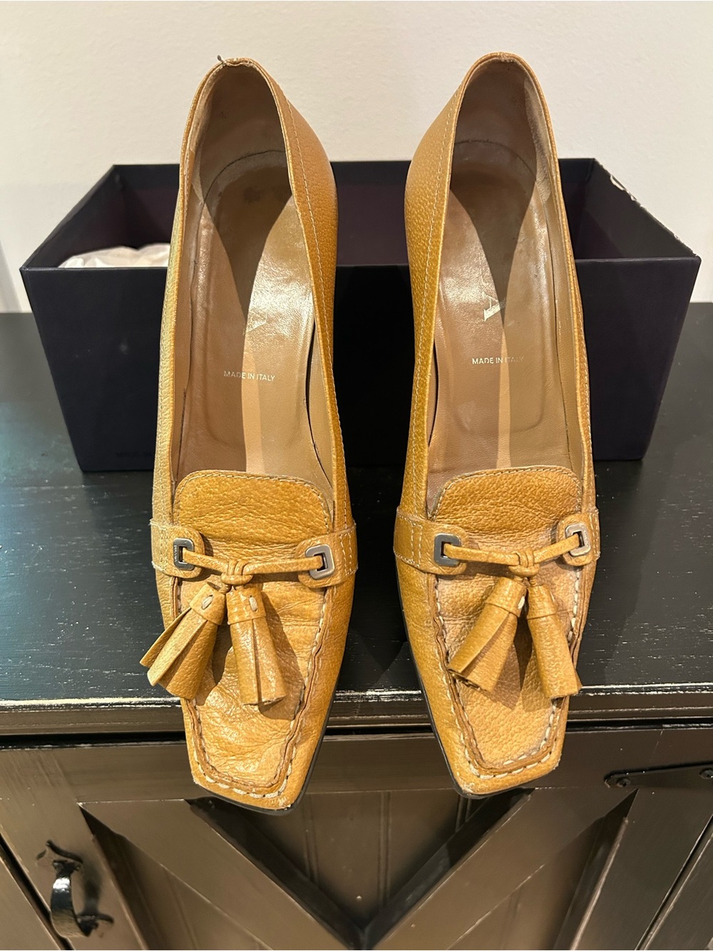 Prada Tan Leather Tassel Kitten Heels